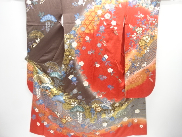 JAPANESE KIMONO / FURISODE / SILK / WAVE & SAKURA & PINE